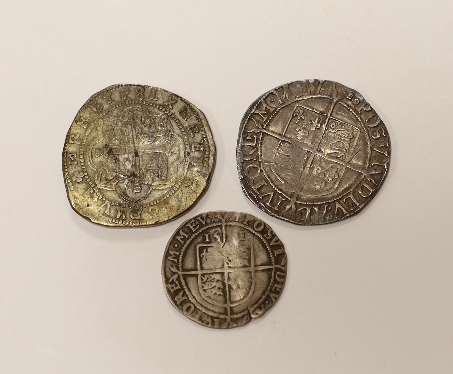 British hammered silver coins, Elizabeth I shilling and sixpence and a replica coin